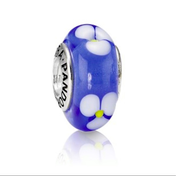 Pandora blue Murano glass bead with flower - Picture 2 of 3